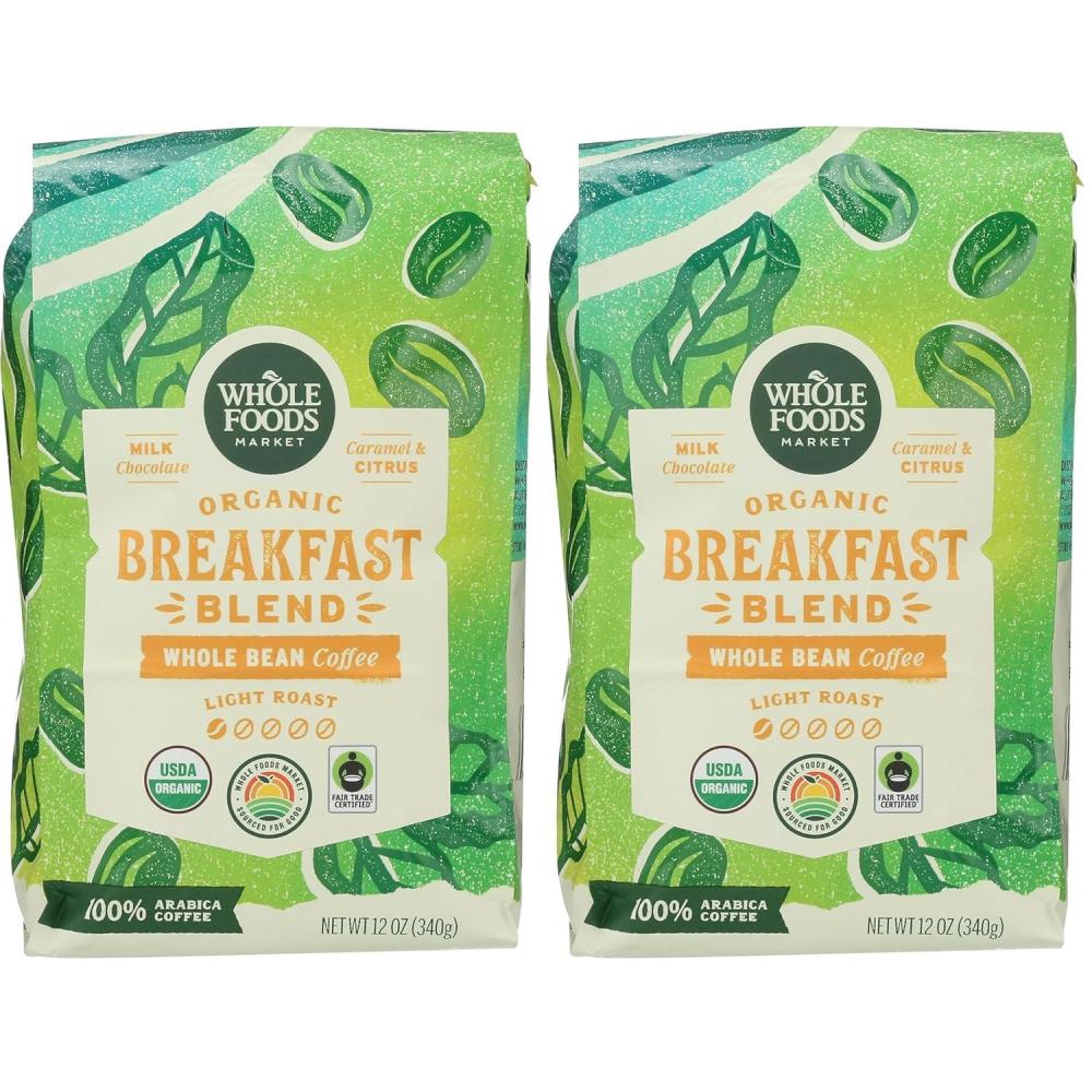 image:imageWhole Foods Market Organic Breakfast Blend Whole Bean Coffee Light Roast Milk Chocolate Caramel amp Citrus 12 Ounce12 Ounce Pack of 2