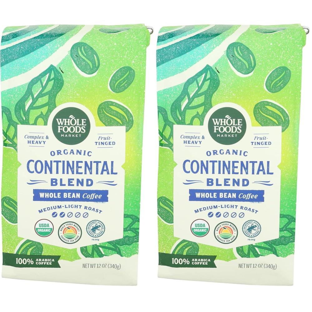 image:imageWhole Foods Market Organic Continental Blend Whole Bean Coffee MediumLight Roast Complex amp Heavy FruitTinged 12 Ounce12 Ounce Pack of 2