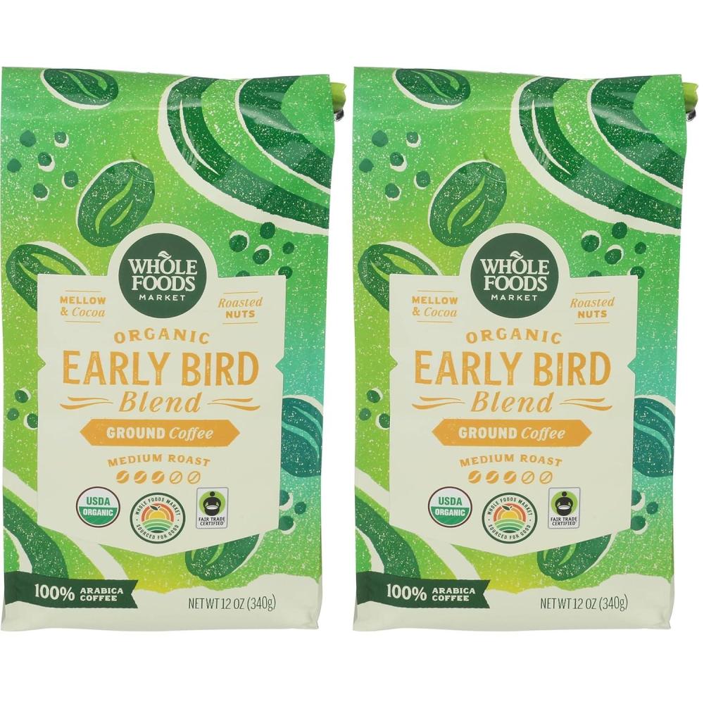 image:imageWhole Foods Market Organic Early Bird Blend Medium Roast Ground Coffee Cocoa amp Roasted Nuts 12 Ounce12 Ounce Pack of 2