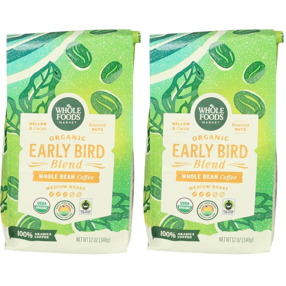 image:imageWhole Foods Market Organic Early Bird Blend Medium Roast Whole Bean Coffee Cocoa amp Roasted Nuts 12 Ounce12 Ounce Pack of 2