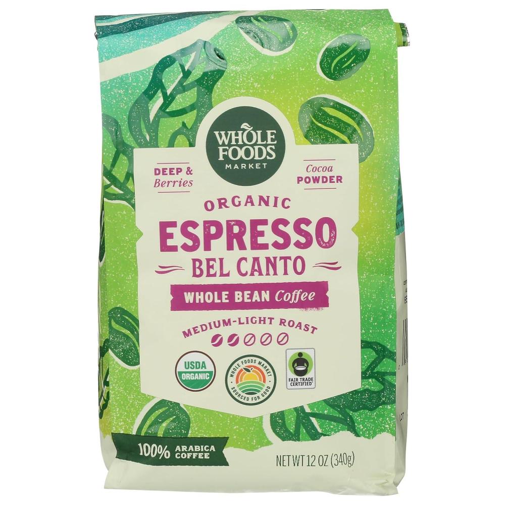image:imageWhole Foods Market Organic Espresso Bel Canto Whole Bean Coffee MediumLight Roast Berries amp Cocoa Powder 12 Ounce12 Ounce Pack of 1