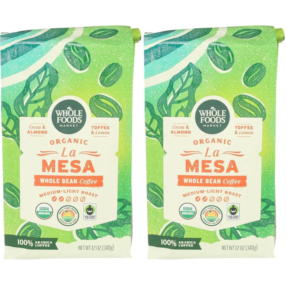 image:imageWhole Foods Market Organic La Mesa Whole Bean Coffee MediumLight Roast Cocoa Almond Toffee amp Lemon 12 Ounce12 Ounce Pack of 2