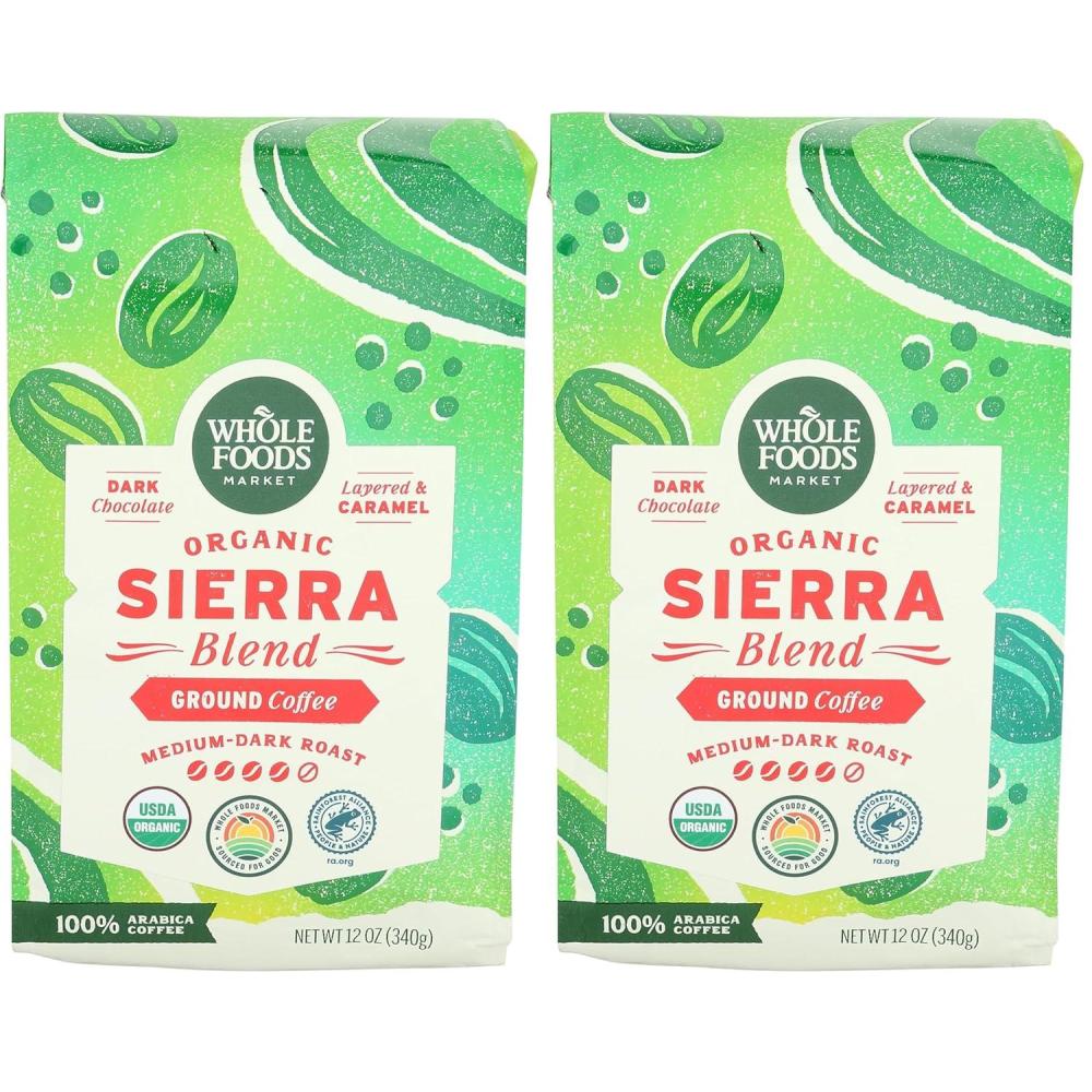 image:imageWhole Foods Market Organic Sierra Blend Ground Coffee MediumDark Roast Dark Chocolate amp Caramel 12 Ounce12 Ounce Pack of 2