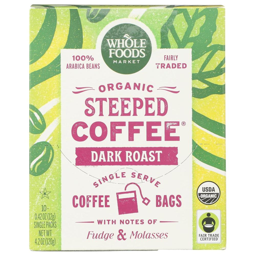 image:imageWhole Foods Market Organic Steeped Coffee Dark Roast Notes of Fudge and Molasses Single Serve Bags 10 Count10 Count Pack of 1