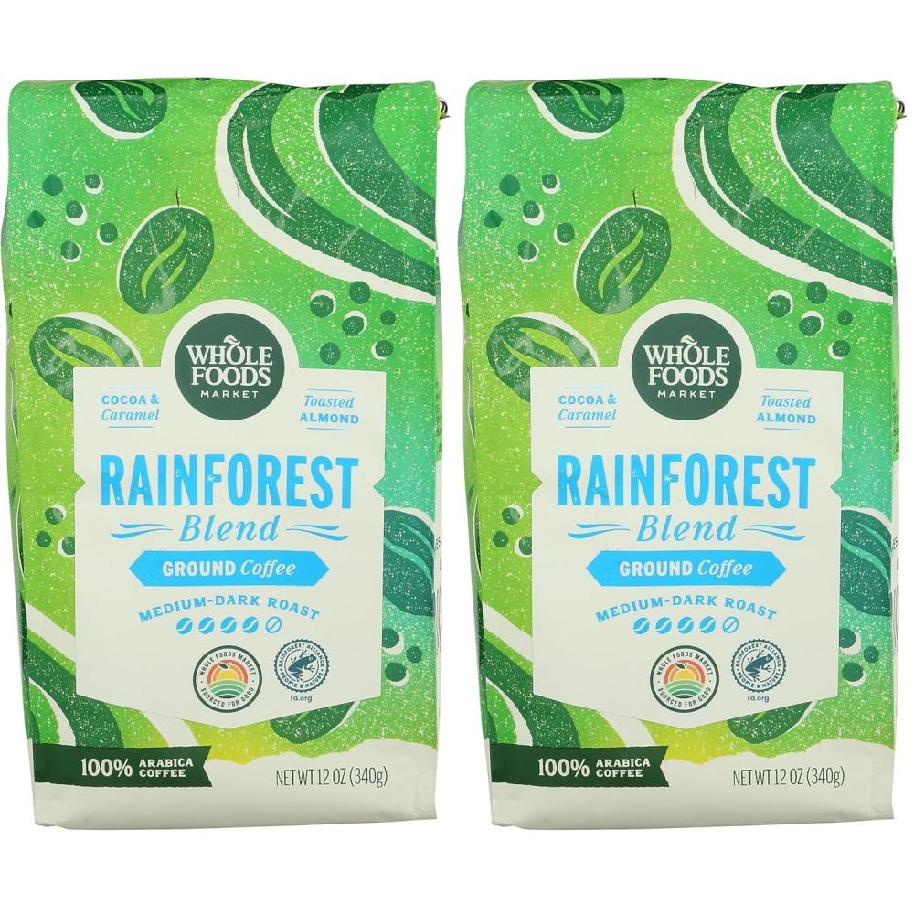 image:imageWhole Foods Market Rainforest Blend MediumDark Roast Ground Coffee Cocoa Caramel amp Toasted Almond 12 Ounce12 Ounce Pack of 2