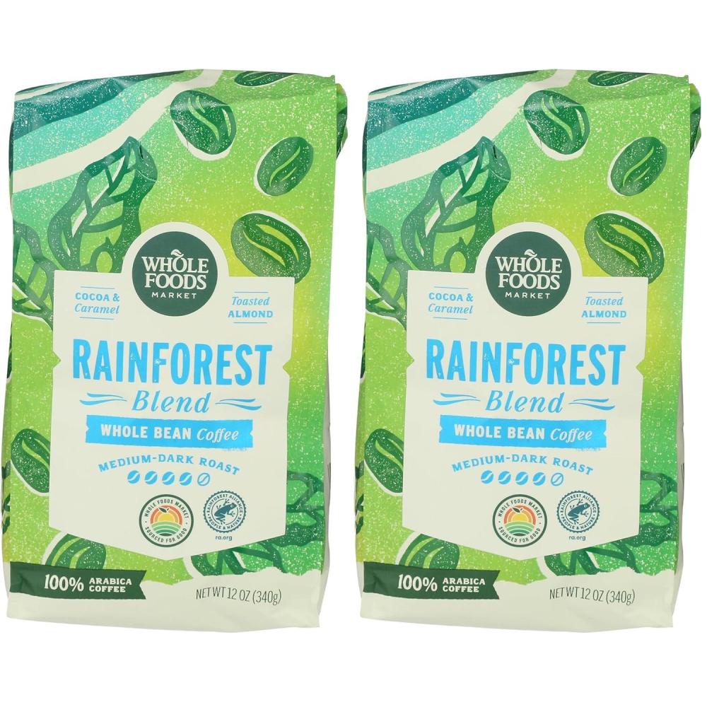 image:imageWhole Foods Market Rainforest Blend MediumDark Roast Whole Bean Coffee Cocoa Caramel amp Toasted Almond 12 Ounce12 Ounce Pack of 2