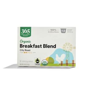 365 by Whole Foods Market, Organic Morning Blend Coffee Pods, Medium-Light City Roast, 12 Count(Organic Breakfast Blend City Roast Coffee)