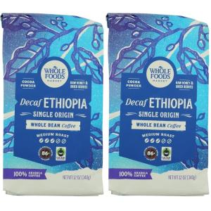 Whole Foods Market, Decaf Ethiopia Single Origin Whole Bean Coffee, Medium Roast, Cocoa Powder, Raw Honey & Dried Berries, 12 Ounce(12 Ounce (Pack of 2))