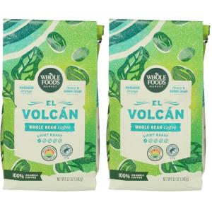 Whole Foods Market, El Volcan Light Roast Whole Bean Coffee, Mandarin Orange, Honey & Brown Sugar, 12 Ounce(12 Ounce (Pack of 2))