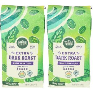 Whole Foods Market, Extra Dark Roast Whole Bean Coffee, Full & Intense, Bold & Smoky, 12 Ounce(12 Ounce (Pack of 2))