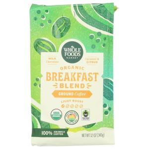 Whole Foods Market, Organic Breakfast Blend Ground Coffee, Light Roast, Milk Chocolate, Caramel & Citrus, 12 Ounce