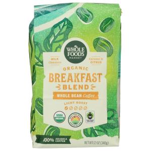 Whole Foods Market, Organic Breakfast Blend Whole Bean Coffee, Light Roast, Milk Chocolate, Caramel & Citrus, 12 Ounce(12 Ounce (Pack of 1))