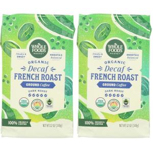 Whole Foods Market, Organic Decaf Ground Coffee, Dark French Roast, Smoky & Sweet, Smooth & Balanced, 12 Ounce(12 Ounce (Pack of 2))