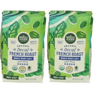 Whole Foods Market, Organic Decaf Whole Bean Coffee, Dark French Roast, Smoky & Sweet, Smooth & Balanced, 12 Ounce(12 Ounce (Pack of 2))