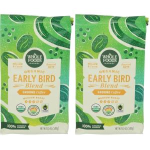 Whole Foods Market, Organic Early Bird Blend, Medium Roast Ground Coffee, Cocoa & Roasted Nuts, 12 Ounce(12 Ounce (Pack of 2))