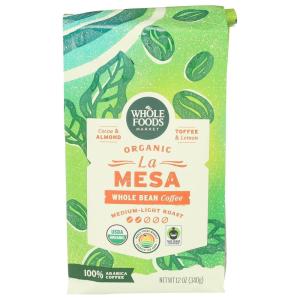 Whole Foods Market, Organic La Mesa Whole Bean Coffee, Medium-Light Roast, Cocoa, Almond, Toffee & Lemon, 12 Ounce(12 Ounce (Pack of 1))