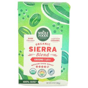 Whole Foods Market, Organic Sierra Blend Ground Coffee, Medium-Dark Roast, Dark Chocolate & Caramel, 12 Ounce(12 Ounce (Pack of 1))