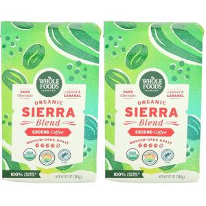 Whole Foods Market, Organic Sierra Blend Ground Coffee, Medium-Dark Roast, Dark Chocolate & Caramel, 12 Ounce(12 Ounce (Pack of 2))