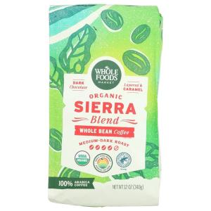 Whole Foods Market, Organic Sierra Blend Whole Bean Coffee, Medium-Dark Roast, Dark Chocolate & Caramel, 12 Ounce(12 OZ)