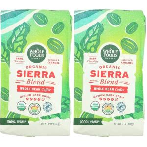 Whole Foods Market, Organic Sierra Blend Whole Bean Coffee, Medium-Dark Roast, Dark Chocolate & Caramel, 12 Ounce(12 OZ (Pack of 2))