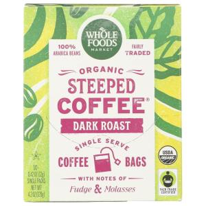 Whole Foods Market, Organic Steeped Coffee, Dark Roast, Notes of Fudge and Molasses, Single Serve Bags, 10 Count(10 Count (Pack of 1))