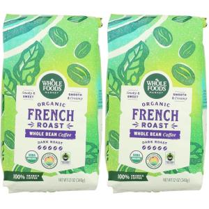 Whole Foods Market, Organic Whole Bean Coffee, Dark French Roast, Smoky & Sweet, Smooth & Creamy, 12 Ounce(12 Ounce (Pack of 2))