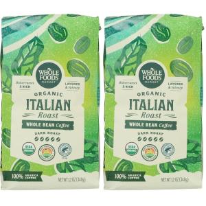 Whole Foods Market, Organic Whole Bean Coffee, Dark Italian Roast, Bittersweet, Rich & Velvety, 12 Ounce(12 Ounce (Pack of 2))