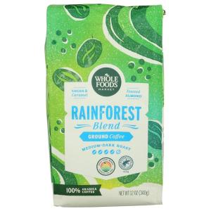 Whole Foods Market, Rainforest Blend Medium-Dark Roast Ground Coffee, Cocoa, Caramel & Toasted Almond, 12 Ounce(12 Ounce (Pack of 1))