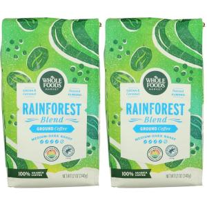 Whole Foods Market, Rainforest Blend Medium-Dark Roast Ground Coffee, Cocoa, Caramel & Toasted Almond, 12 Ounce(12 Ounce (Pack of 2))