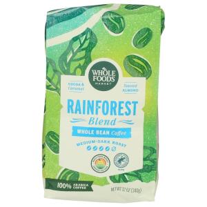 Whole Foods Market, Rainforest Blend Medium-Dark Roast Whole Bean Coffee, Cocoa, Caramel & Toasted Almond, 12 Ounce(12 Ounce (Pack of 1))