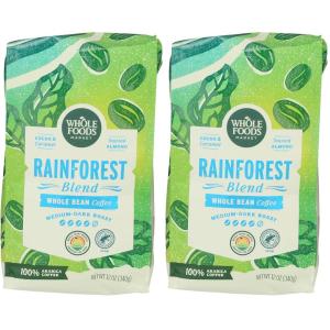 Whole Foods Market, Rainforest Blend Medium-Dark Roast Whole Bean Coffee, Cocoa, Caramel & Toasted Almond, 12 Ounce(12 Ounce (Pack of 2))