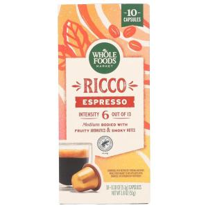 Whole Foods Market, Ricco Espresso Pods, Medium Bodied, Fruity Aromatics & Smoky Notes, 10 Count