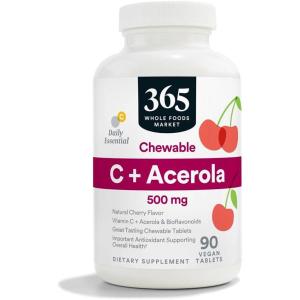 365 by Whole Foods Market, Chewable C + Acerola C 500mg, Natural Cherry Flavor, Vegan, 90 Tablets(90 Count (Pack of 1))