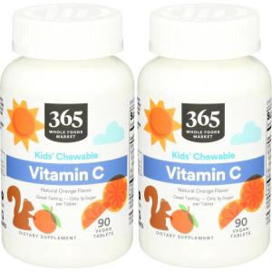 365 by Whole Foods Market, Kid’ Chewable Vitamin C, Natural Orange Flavor, Vegan, 90 Count(90 Count (Pack of 2))