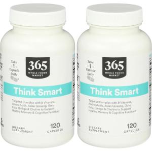 365 by Whole Foods Market, Think Smart with B Vitamins, Amino Acids, Ginkgo, Asian Ginseng, Gotu Kola, & Choline, 120 Capsules(120 Count (Pack of 2))