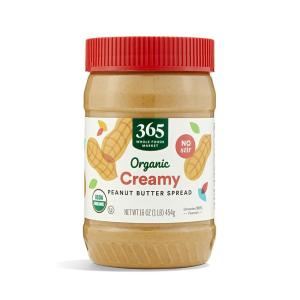 365 by Whole Foods Market, Organic Creamy Peanut Butter Spread, No Stir, 16 Ounce(Sweetened Smooth Organic)