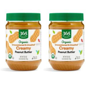 365 by Whole Foods Market, Organic Creamy Peanut Butter, Unsweetened & Unsalted, Stir and Enjoy, 26 Ounce(26 Ounce (Pack of 2))