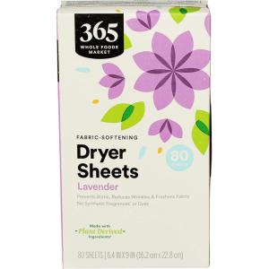 365 by Whole Foods Market, Fabric-Softening Dryer Sheets, Lavender, 80 Count(80 Count (Pack of 1))