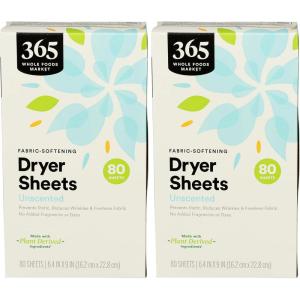 365 by Whole Foods Market, Fabric-Softening Dryer Sheets, Unscented, 80 Count(80 Count (Pack of 2))