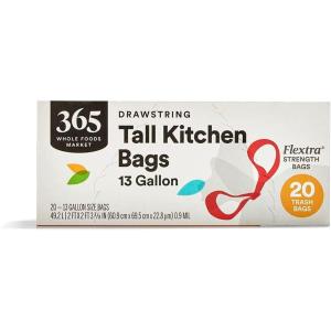 365 by Whole Foods Market, Flextra Strength Drawstring Tall Kitchen Trash Bags, 13 Gallon, 38 Count(White)
