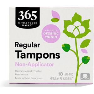 365 by Whole Foods Market, Non-Applicator Tampons, Made with Organic Cotton, Regular Absorbency, Unscented, 18 Count