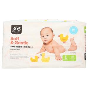 365 by Whole Foods Market, Soft & Gentle Size 1 Diapers with Wetness Indicator, Ultra-Absorbent, Hypo-Allergenic, Ultra-Absorbent, 40 Count(40 Count)