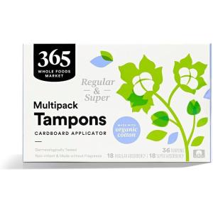 365 by Whole Foods Market, Tampons with Cardboard Applicators, Multipack (Regular & Super Absorbency), Made with Organic Cotton, Unscented, 36 Count